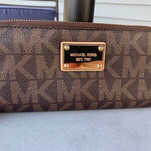 Michael Kors Zippered Wallet Two Tone Monogram Coated Canvas